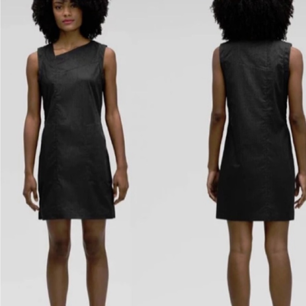 Nau Motil Stretch Sleeveless Dress Front Zip Shift Heather Caviar Gray S…